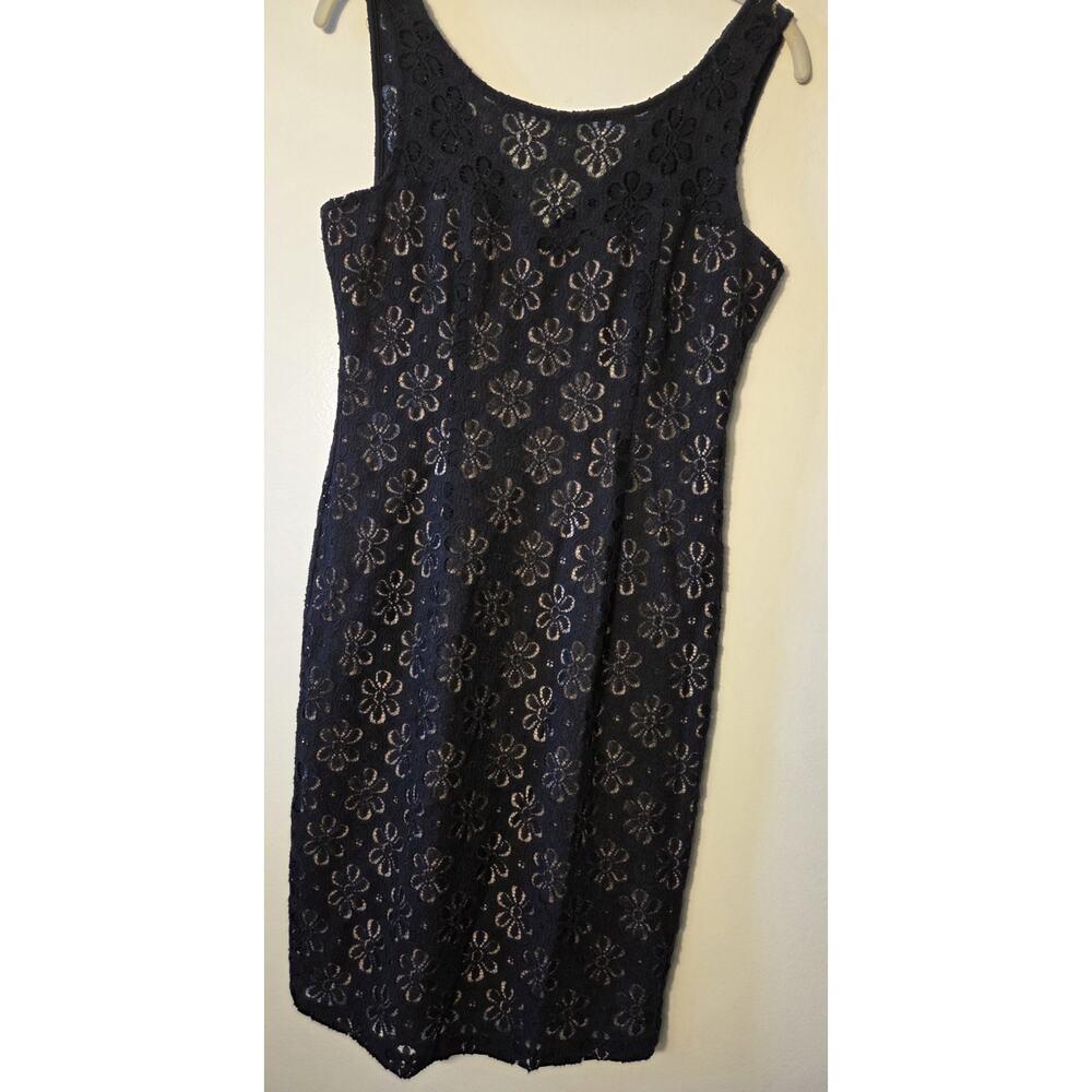 Maggy London Dress Womens Sz 6 Petite Black Sleevless Floral Open Stretch Knit